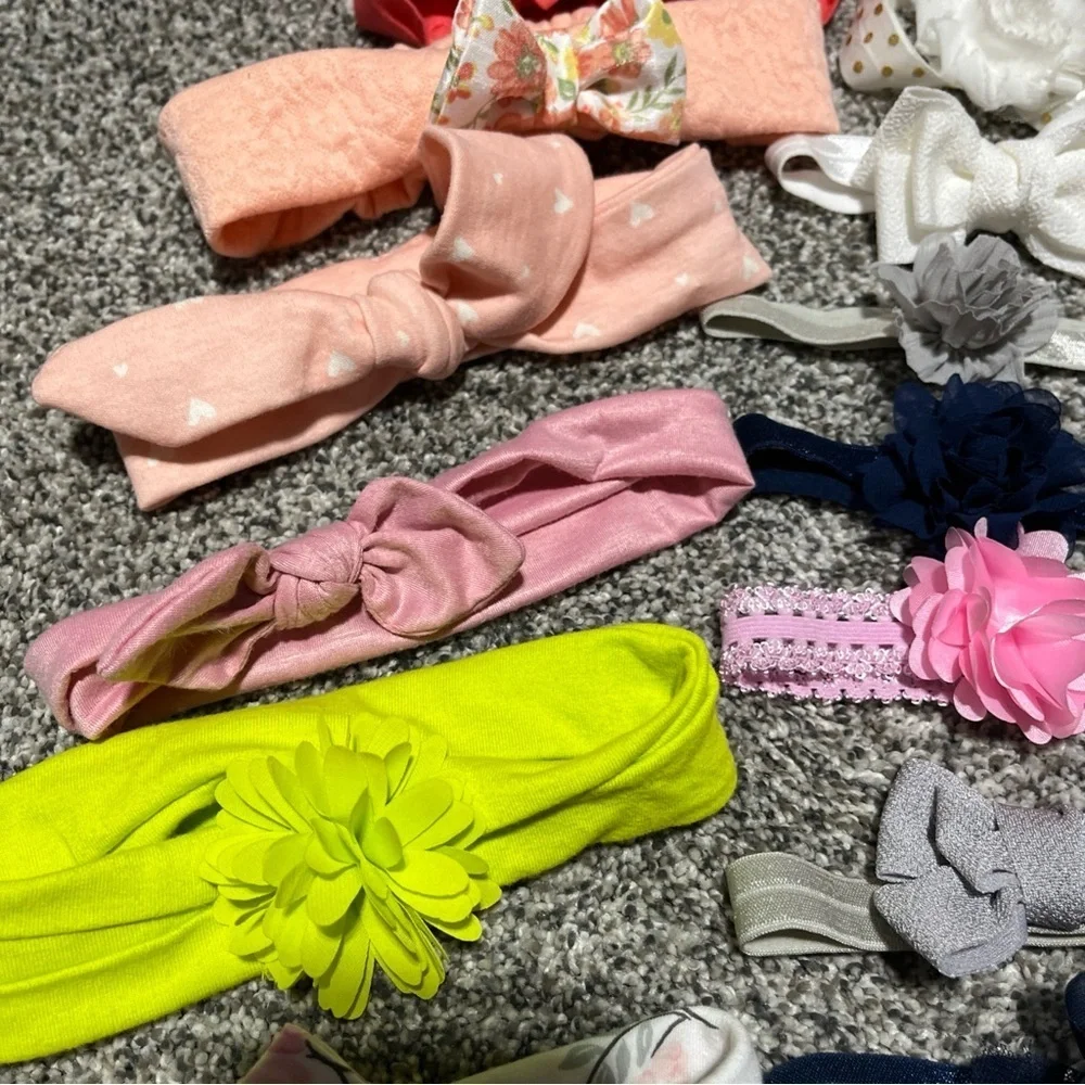 Large Lot Of 47 Baby Girl Headbands Bows & 5 Hats Infant & Toddler Stretch